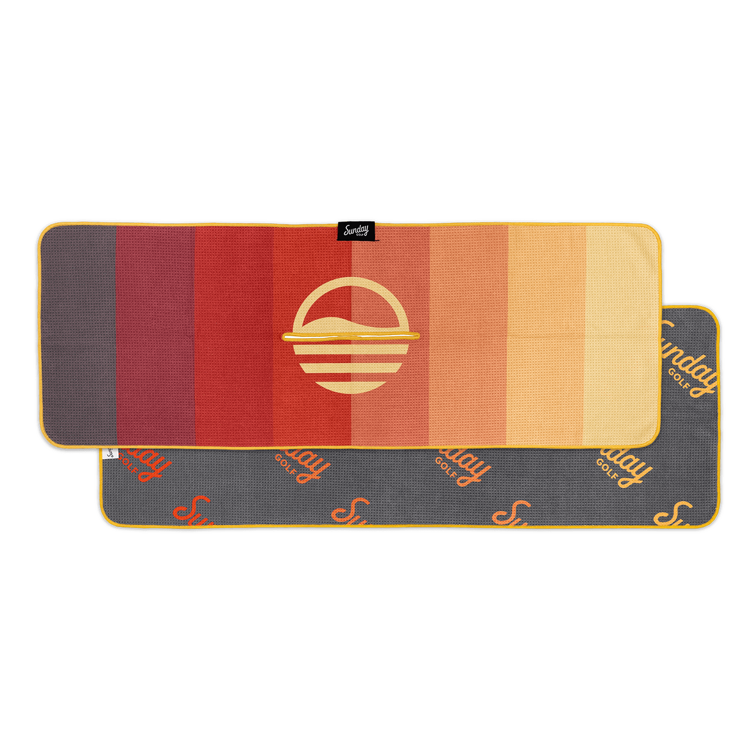 brown red and yellow striped golf towel by sunday golf