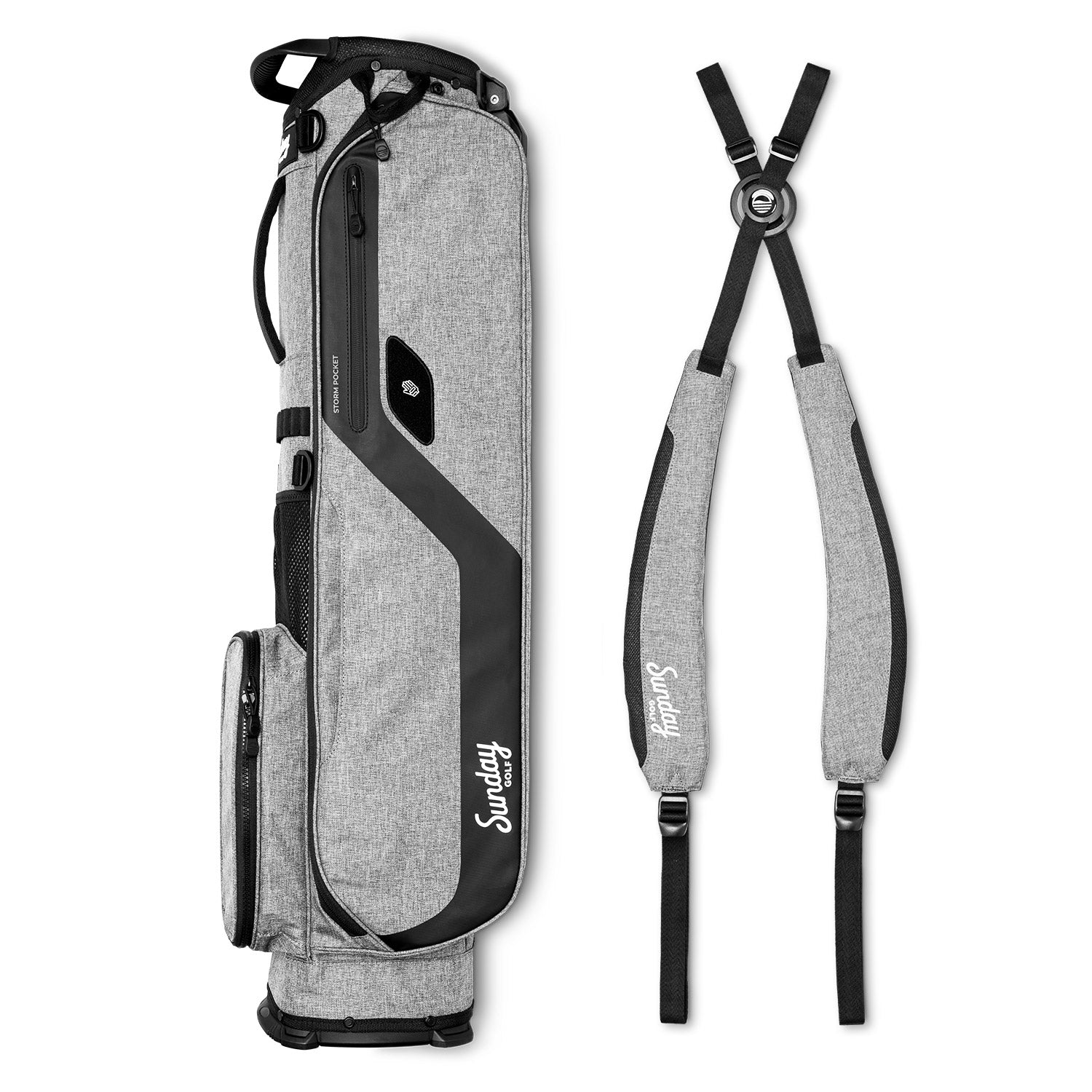 side by side image of Sunday Golf heather gray El Camino golf bag and double shoulder strap