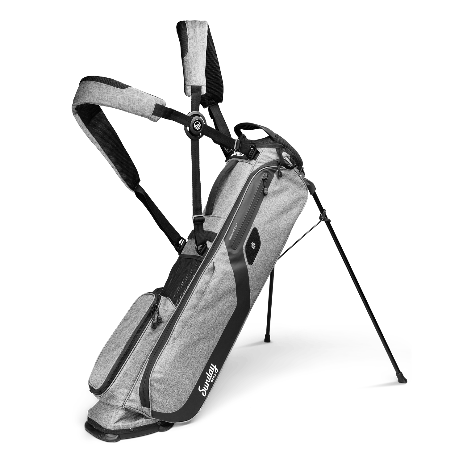 heather gray El Camino golf bag by Sunday Golf showing double cross strap and extended legs