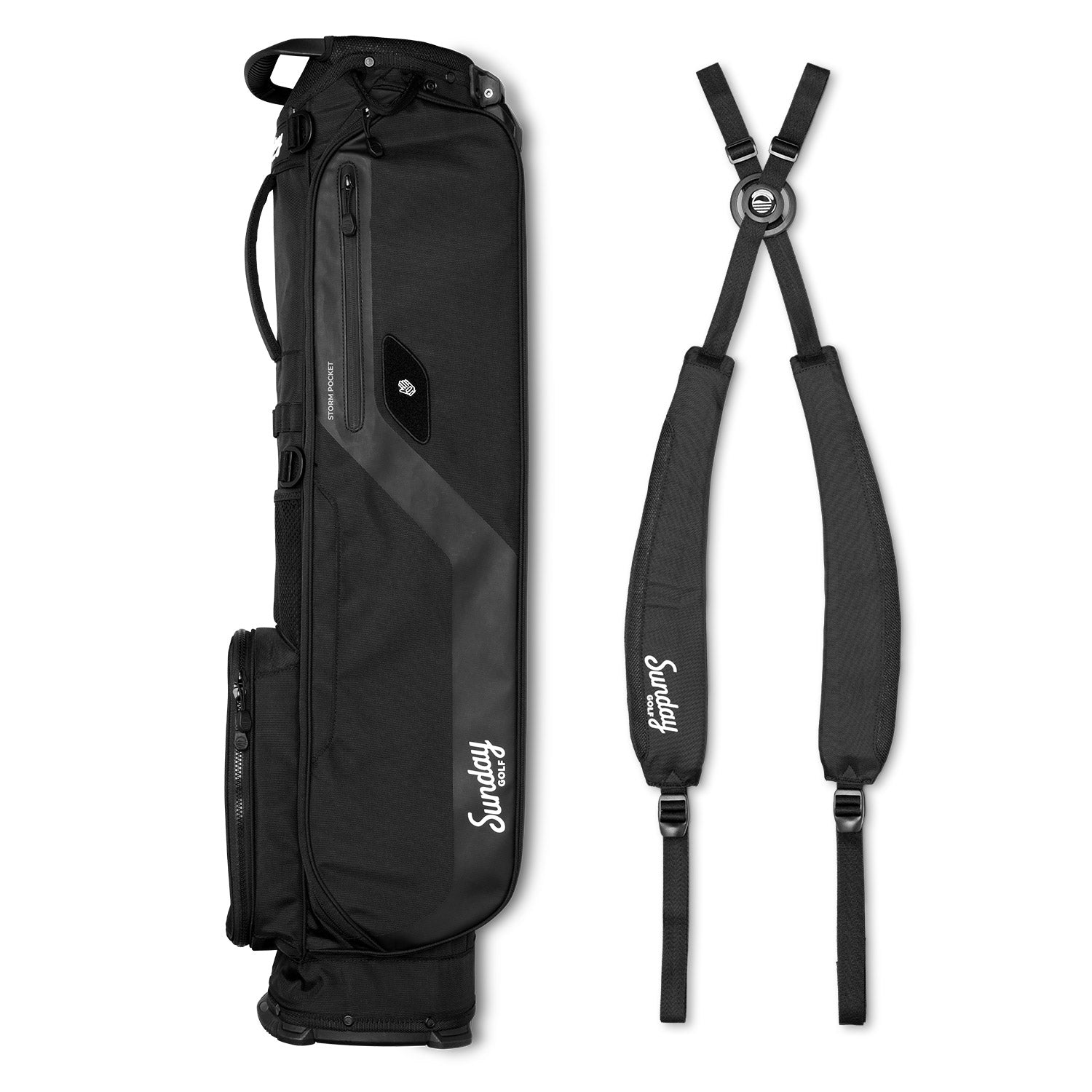 side by side image showing Sunday Golf El Camino bag in matte black and double shoulder strap