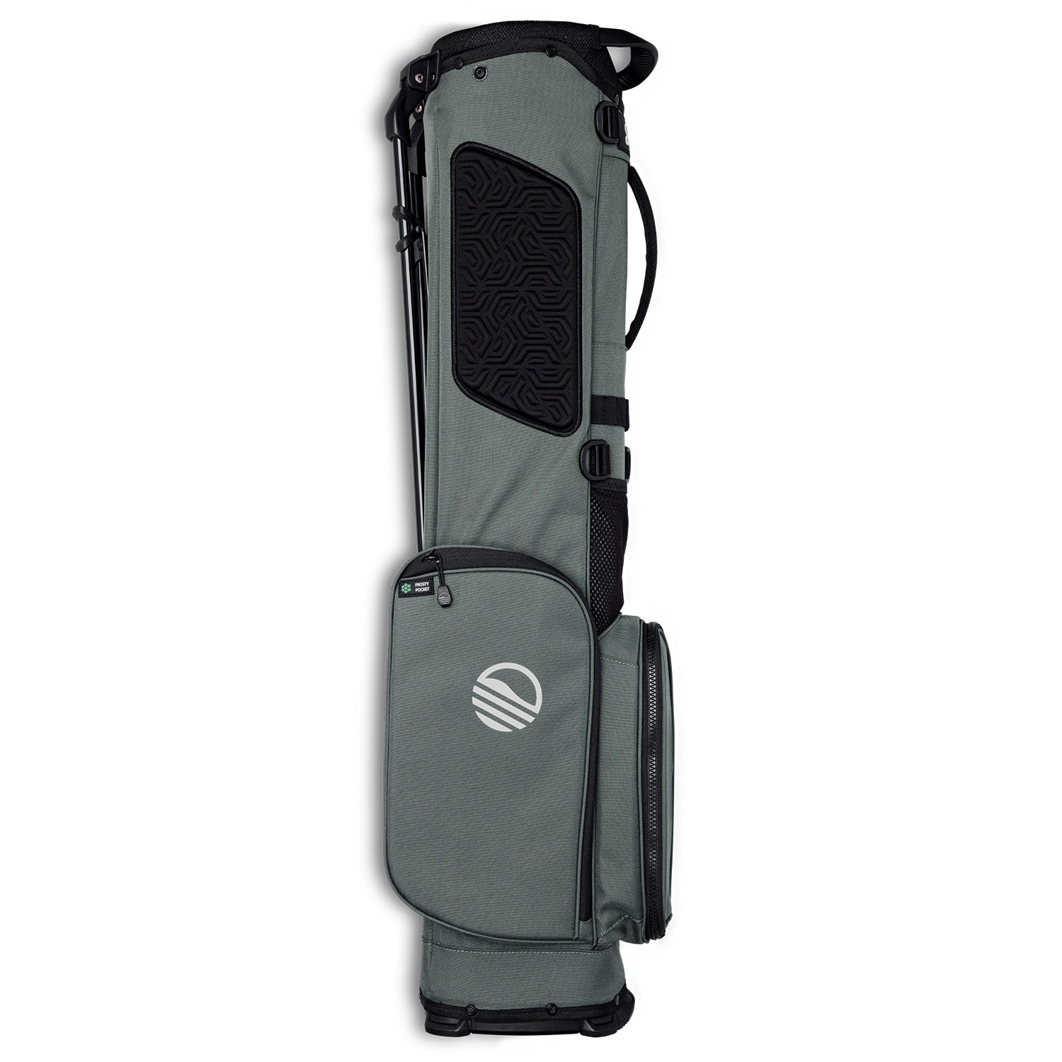 side view of midnight green EL Camino golf bag by sunday golf showing white side logo