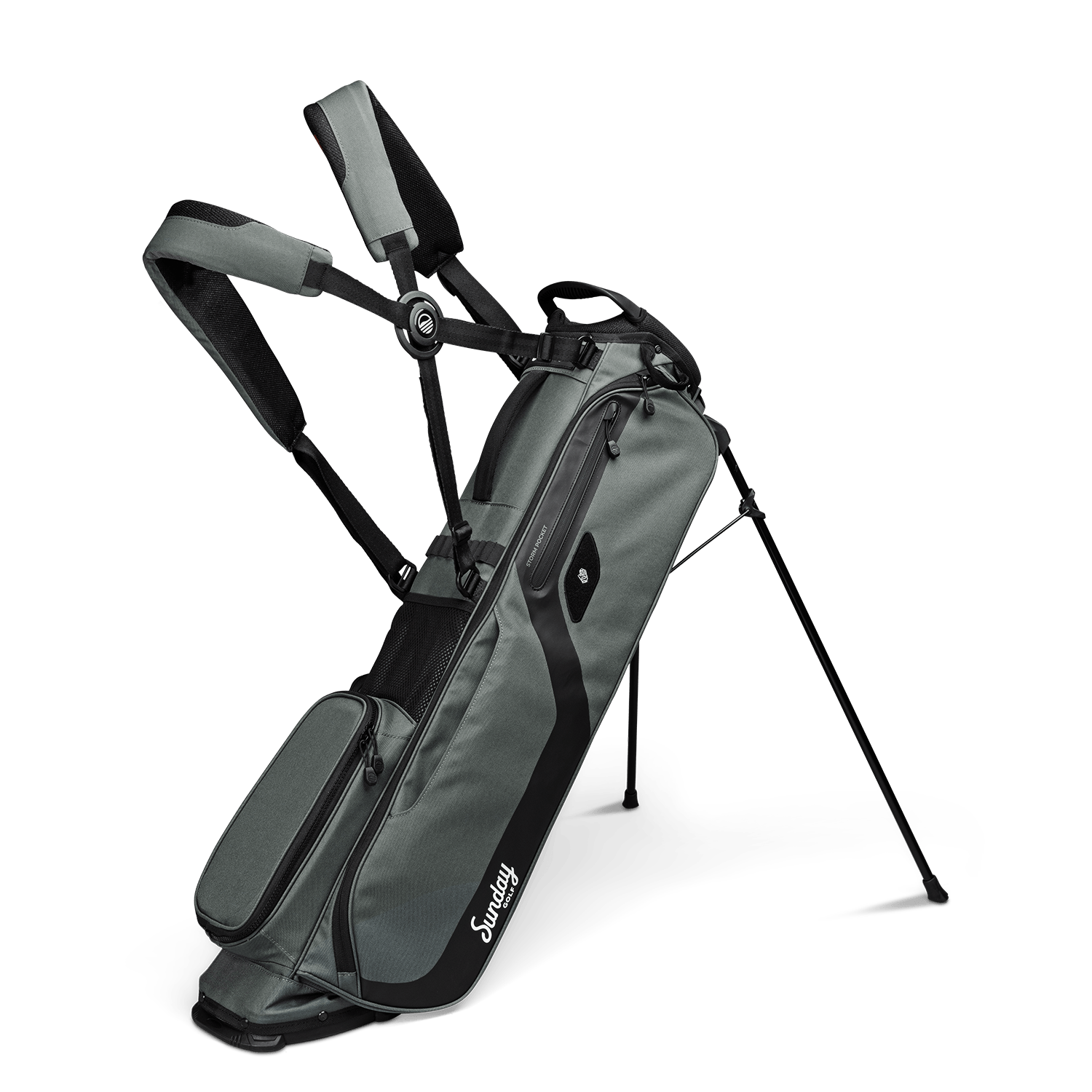 Sunday Golf El Camino golf bag in midnight green showing stand legs and double cross carrying strap