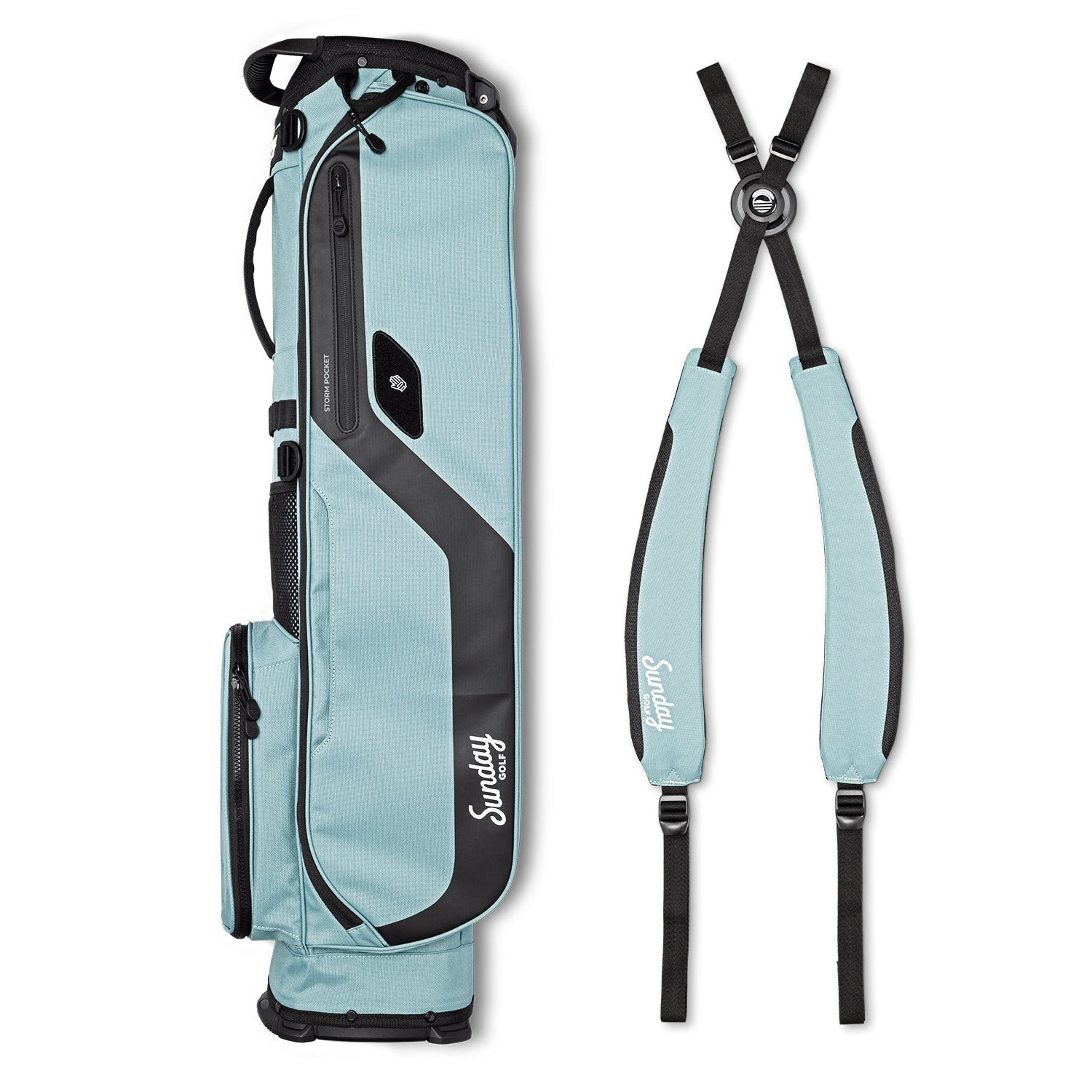 Sunday Golf El Camino seafoam green golf bag side by side image with carrying straps