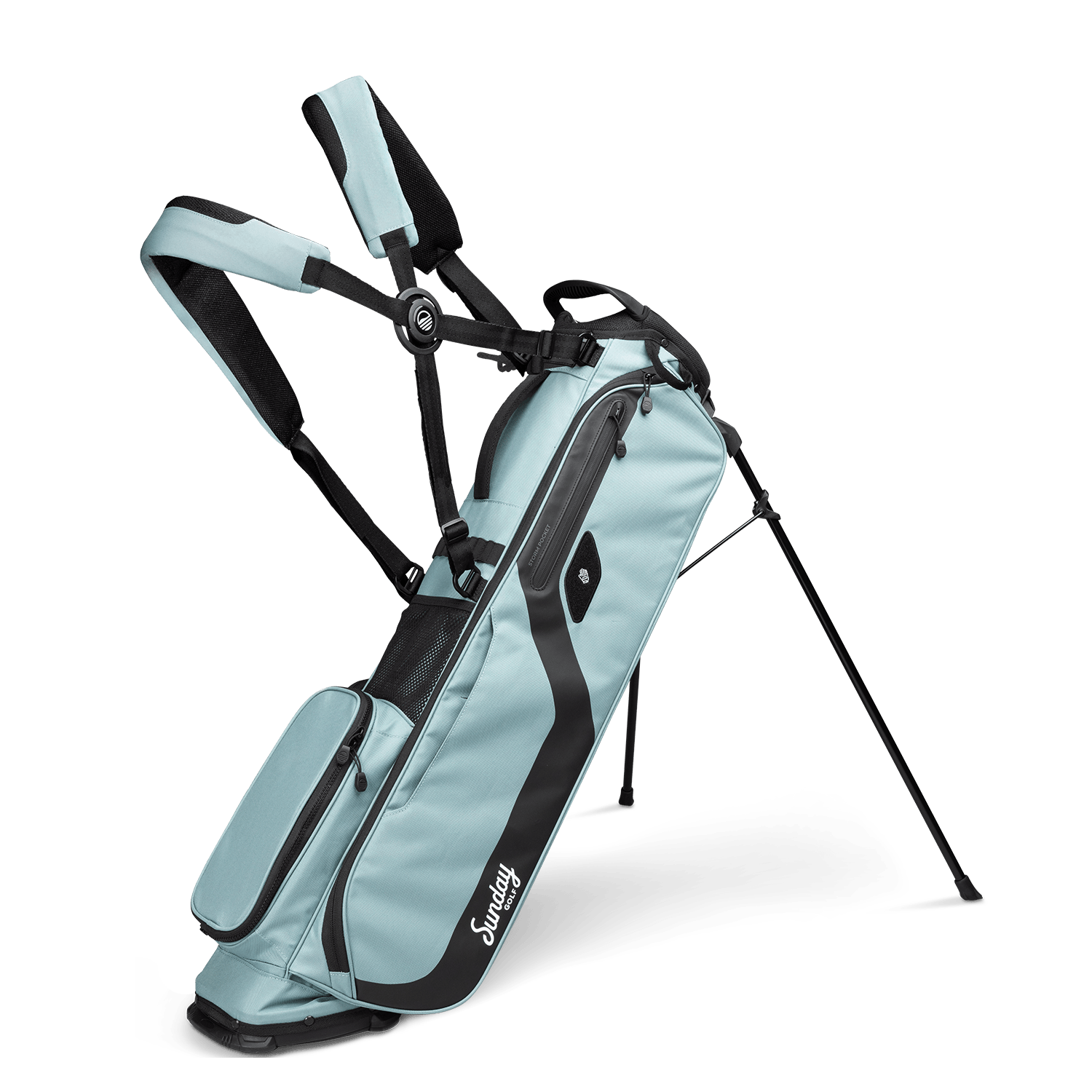 Seafoam El Camino golf Bag by Sunday Golf showing double cross carrying strap and stand legs