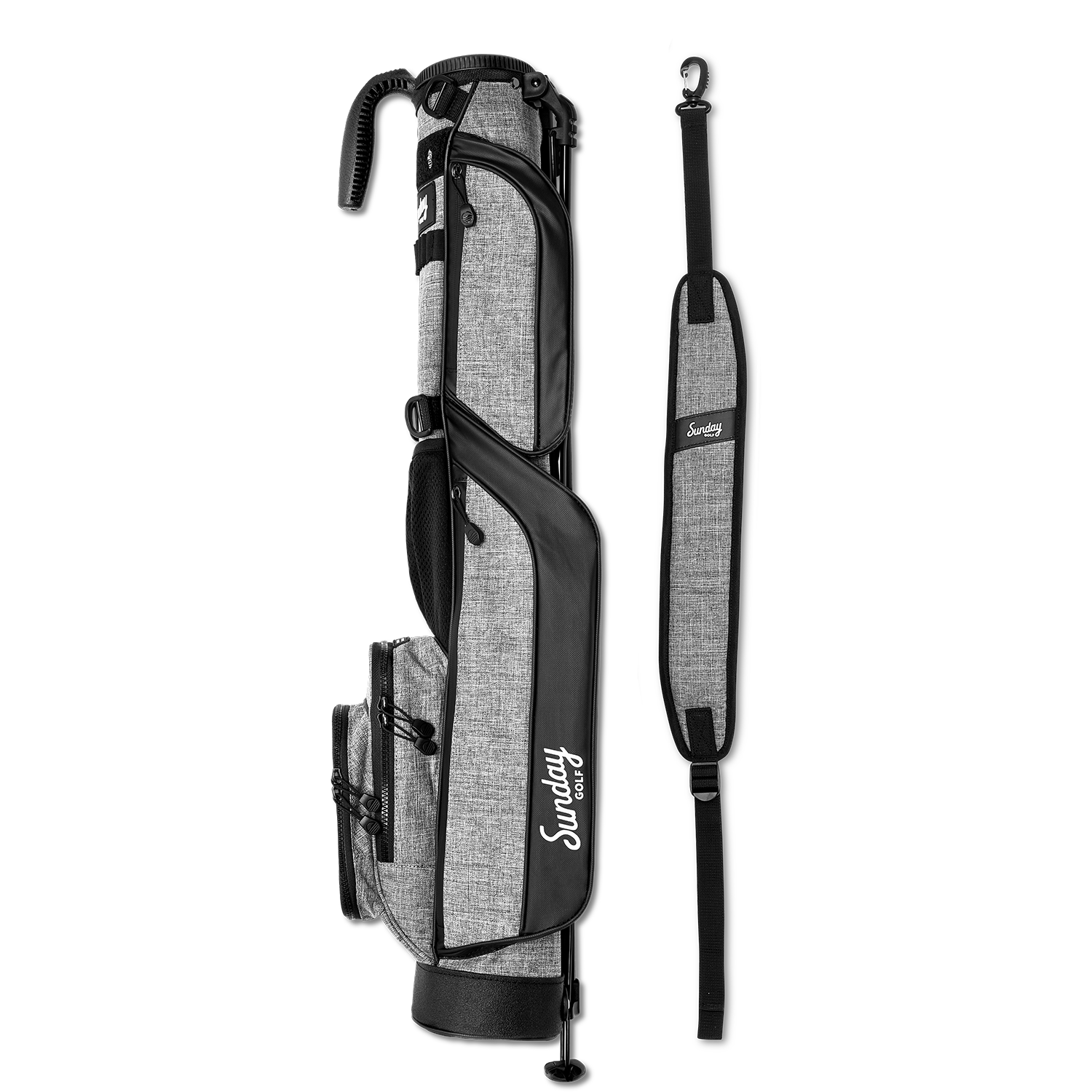 side view of gray Loma golf bag by Sunday Golf with strap side by side