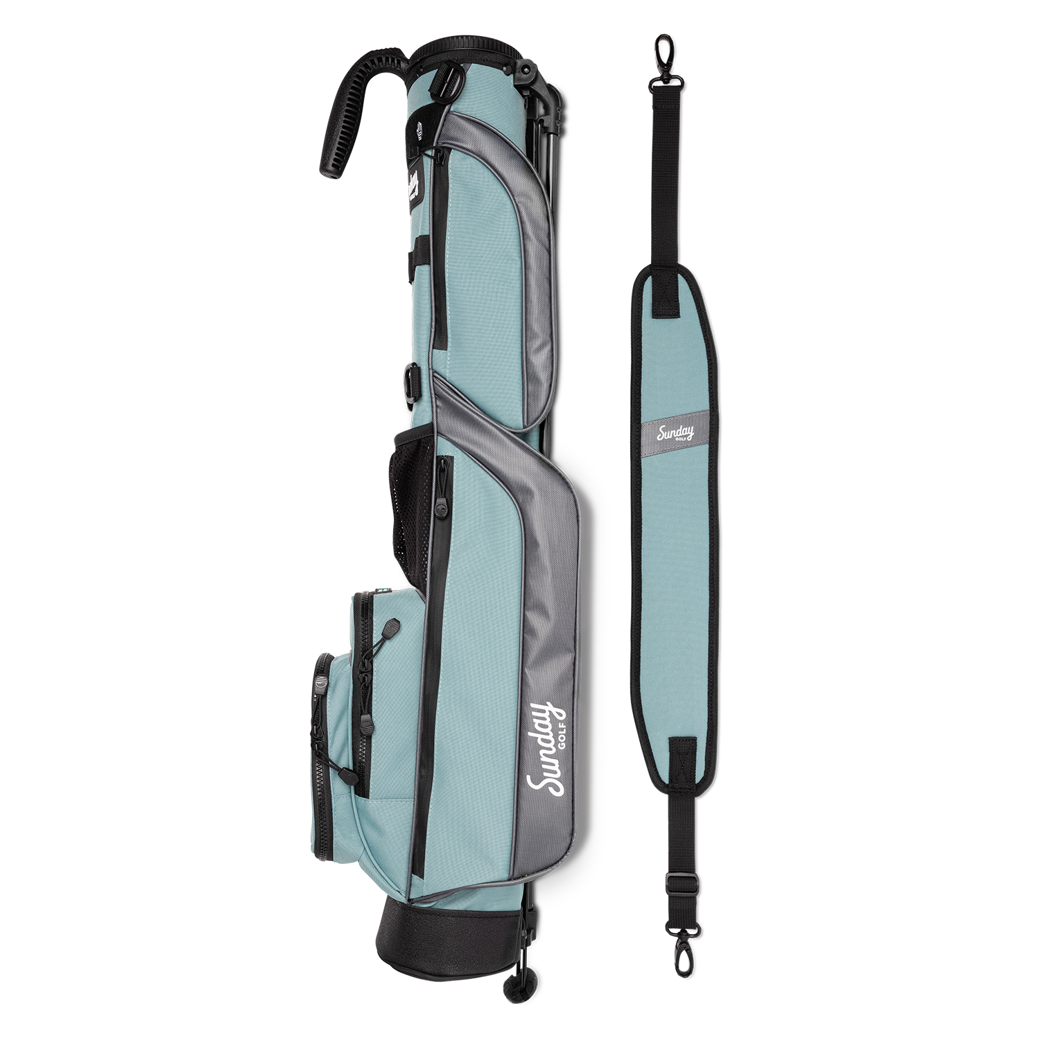 loma golf bag in seafoam by Sunday Golf side by side with carrying strap 