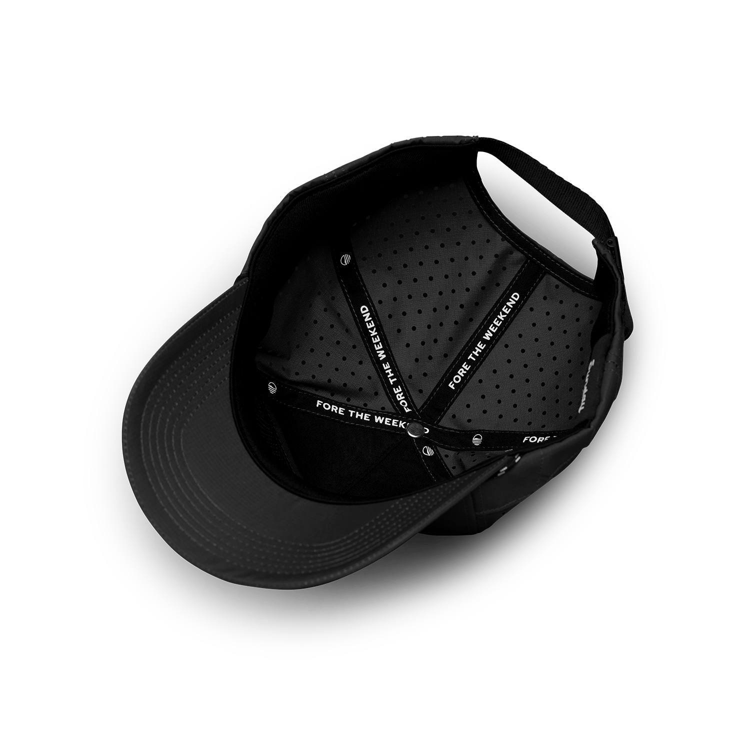 inside of the Sunday Golf porter lite hat in black showing perforation and 5 panel design