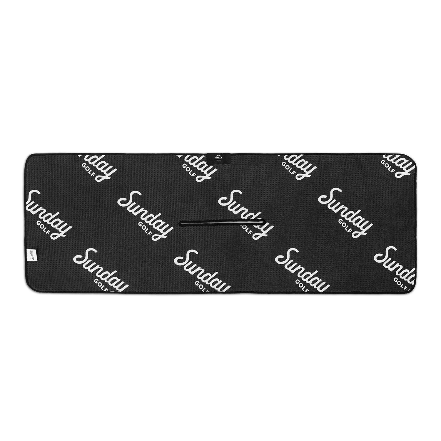 black towel with white Sunday Golf logo back of greatest swing towel by Sunday Golf