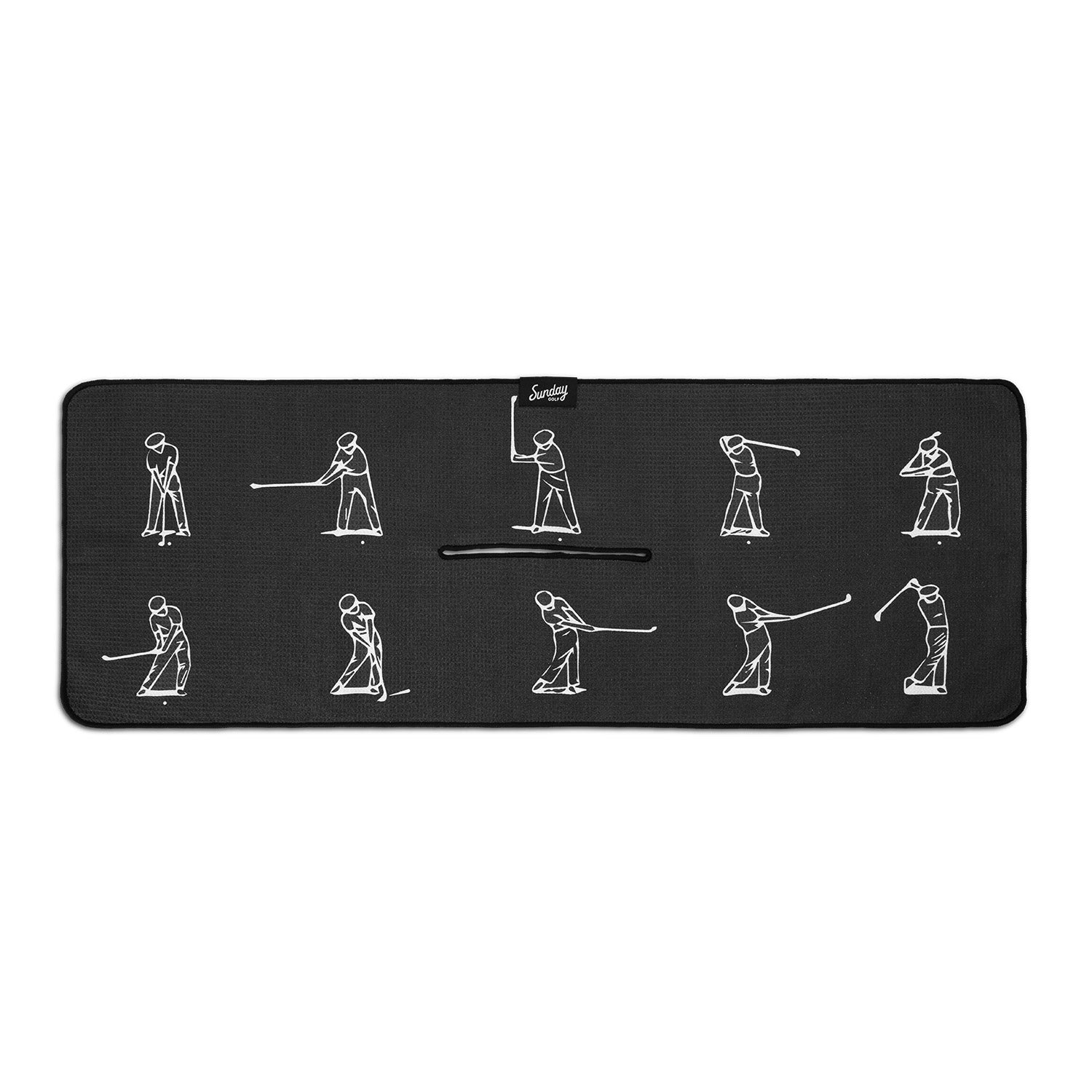 front of Greatest Swing golf towel by Sunday Golf showing swing progression golfer in white