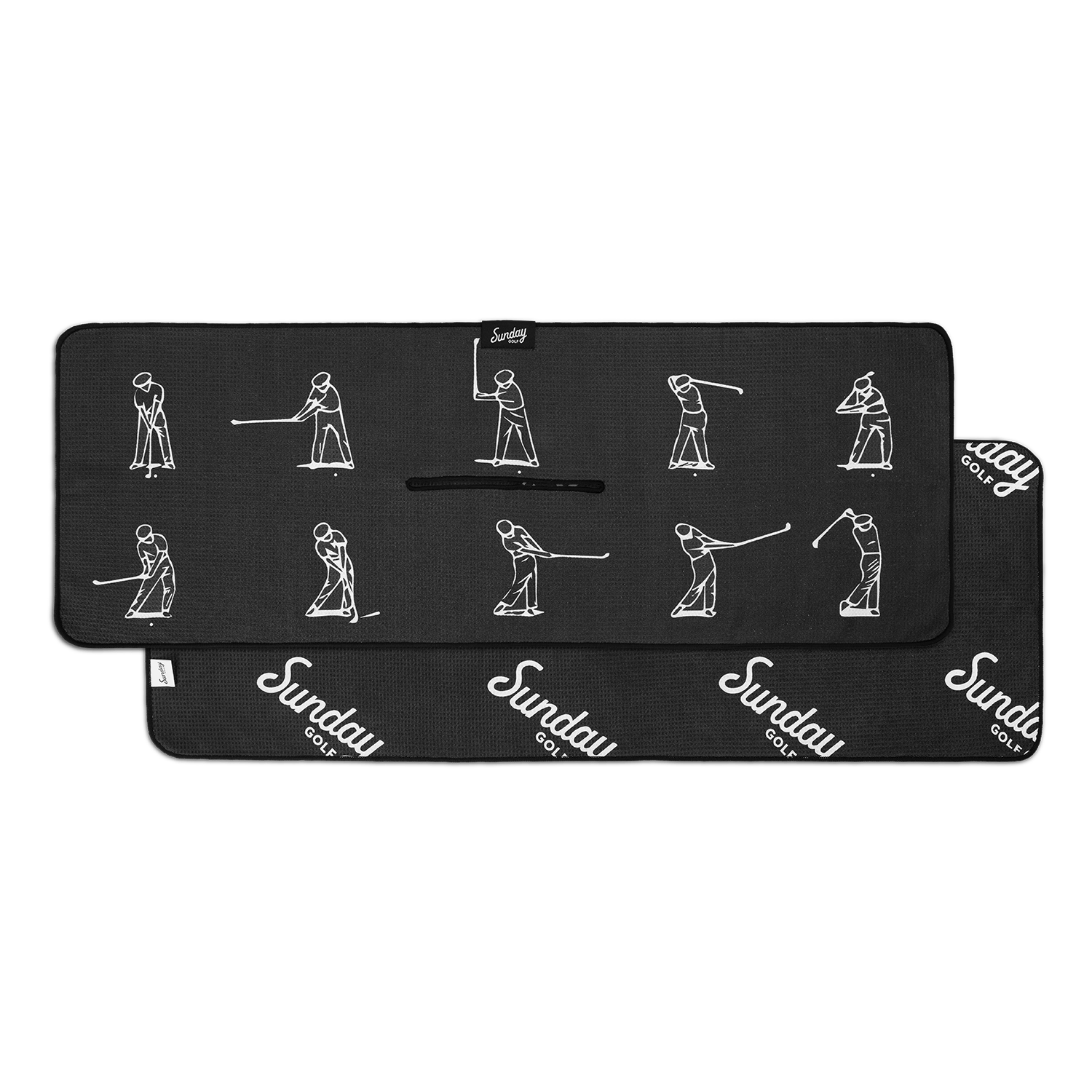 black and white golf towel showing swinging golfer golf towel by Sunday Golf