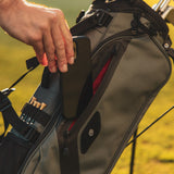 detail photo of the valuables pouch on the Midnight Green El Camino golf bag by Sunday Golf