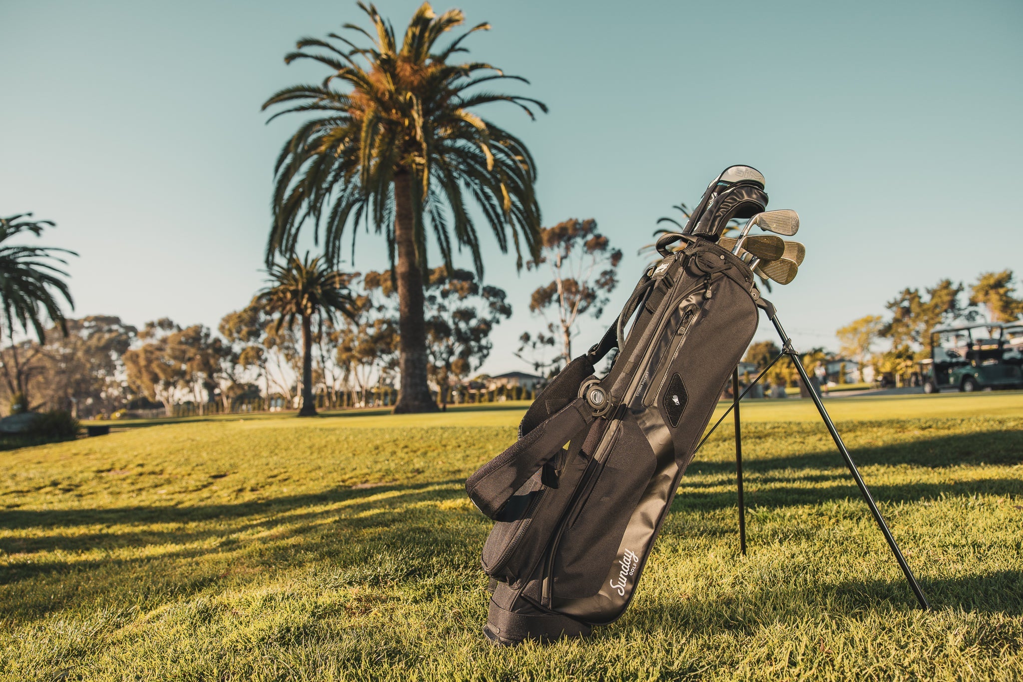 matte black El Camino golf bag by Sunday Golf on golf course with palm trees in background 
